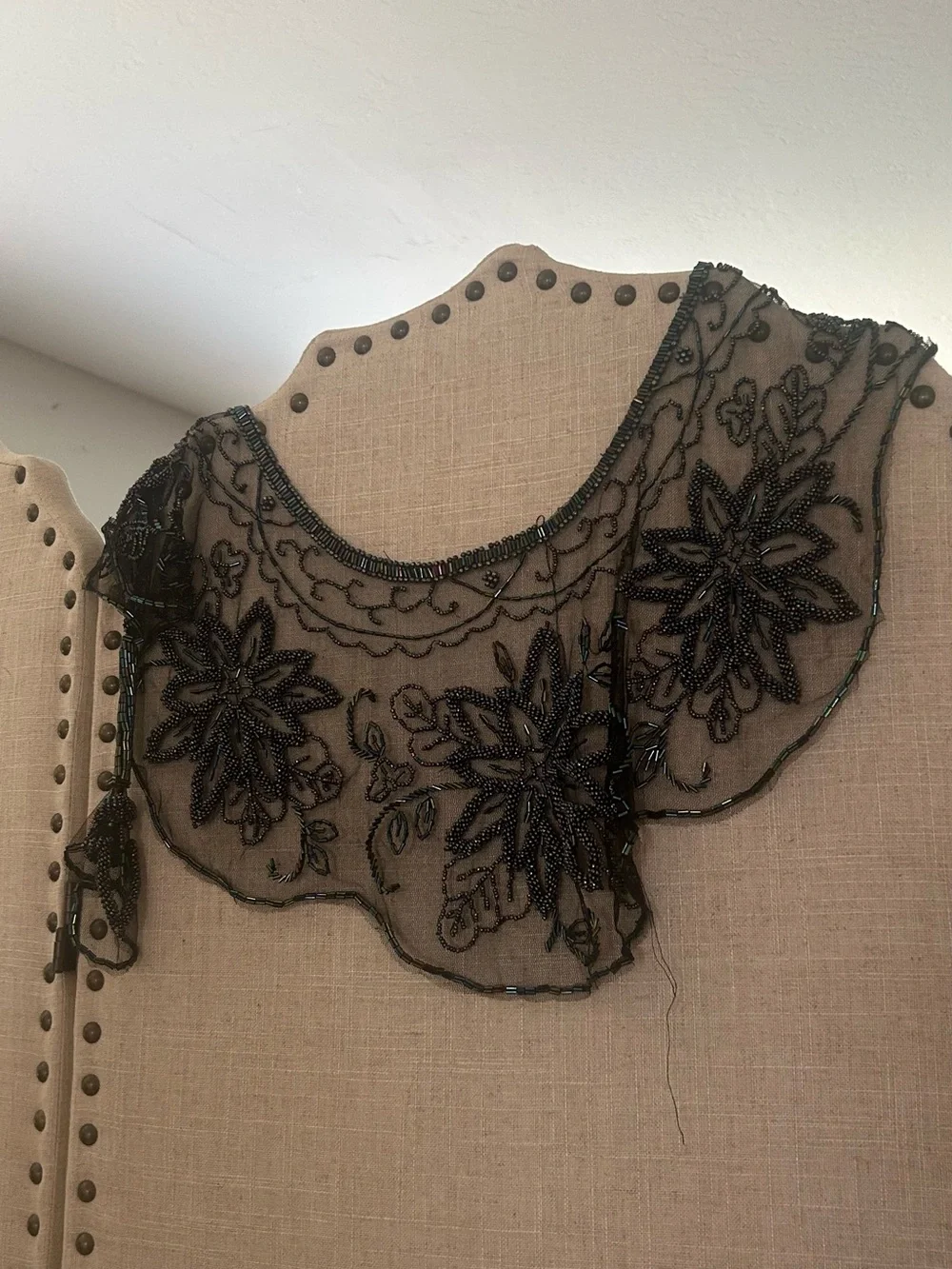 Vintage Iridescent Black Beaded Sheer Floral Scarf / Wrap / Cape Shoulder Cover